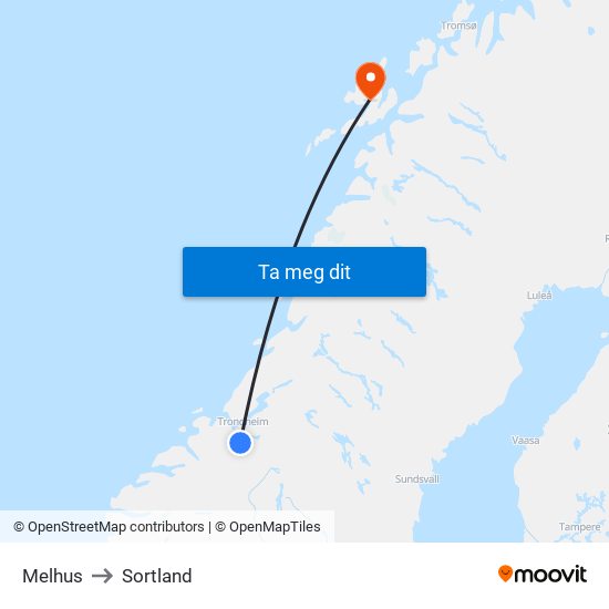 Melhus to Sortland map