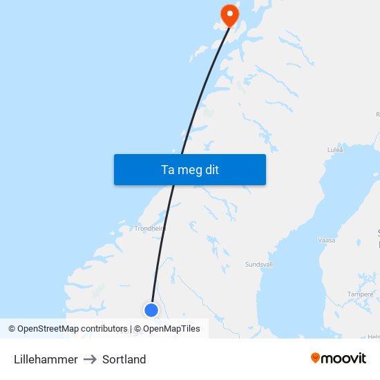 Lillehammer to Sortland map