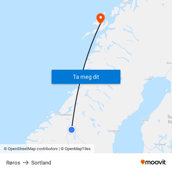 Røros to Sortland map