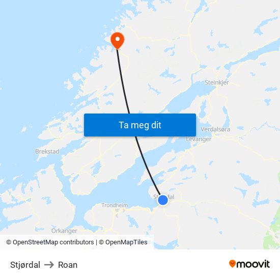 Stjørdal to Roan map