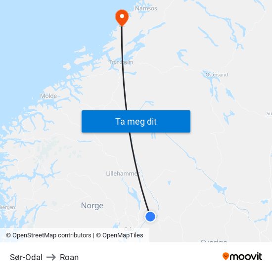 Sør-Odal to Roan map