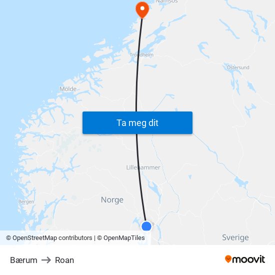 Bærum to Roan map