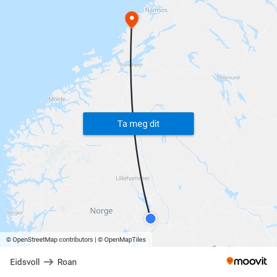 Eidsvoll to Roan map