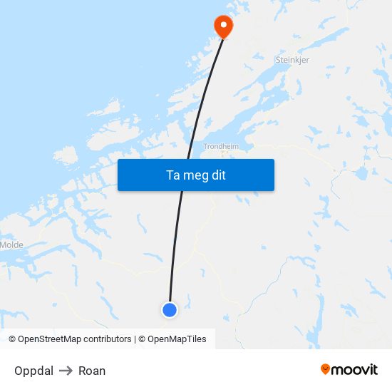 Oppdal to Roan map