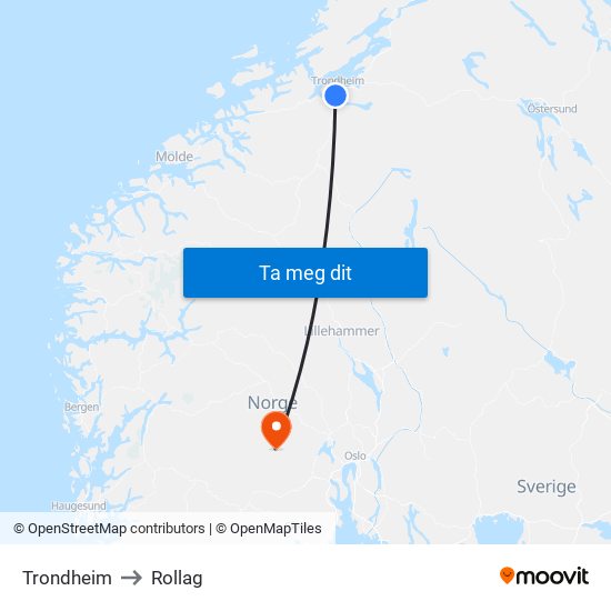 Trondheim to Rollag map