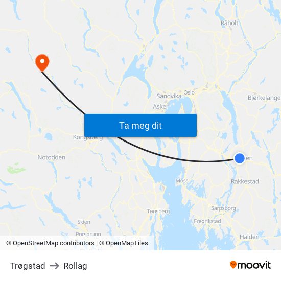 Trøgstad to Rollag map