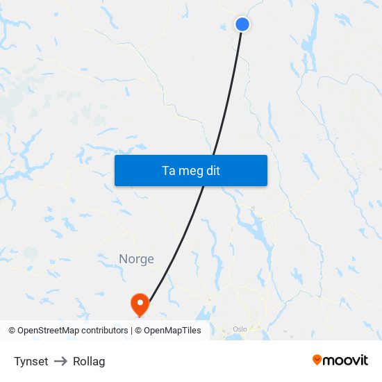 Tynset to Rollag map