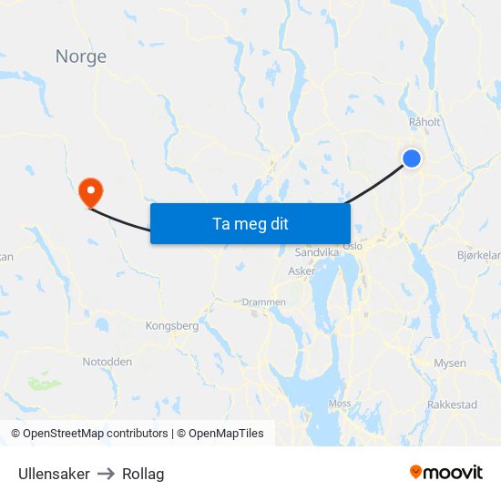 Ullensaker to Rollag map