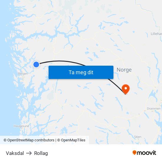 Vaksdal to Rollag map