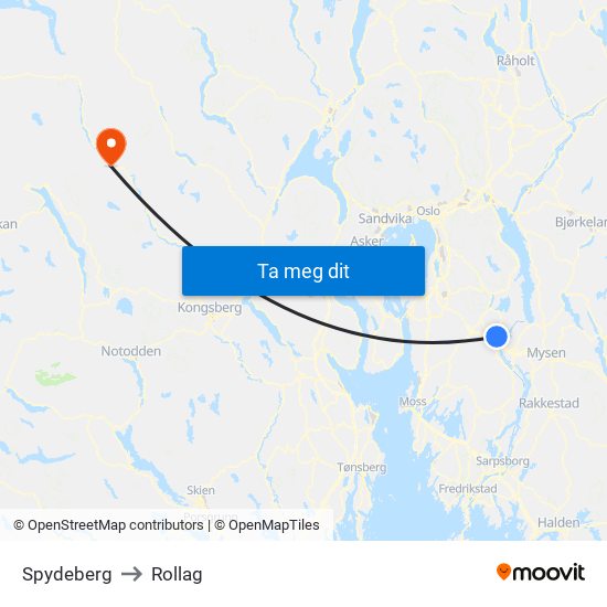 Spydeberg to Rollag map