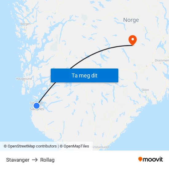 Stavanger to Rollag map