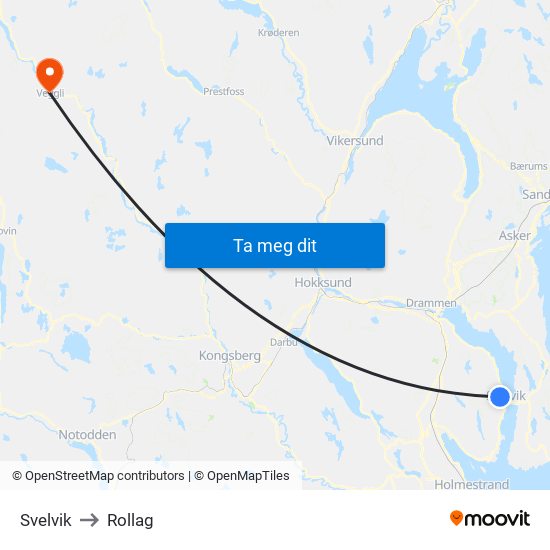 Svelvik to Rollag map