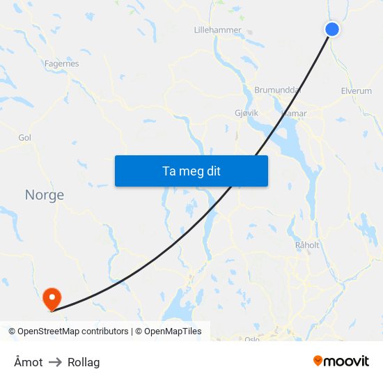 Åmot to Rollag map