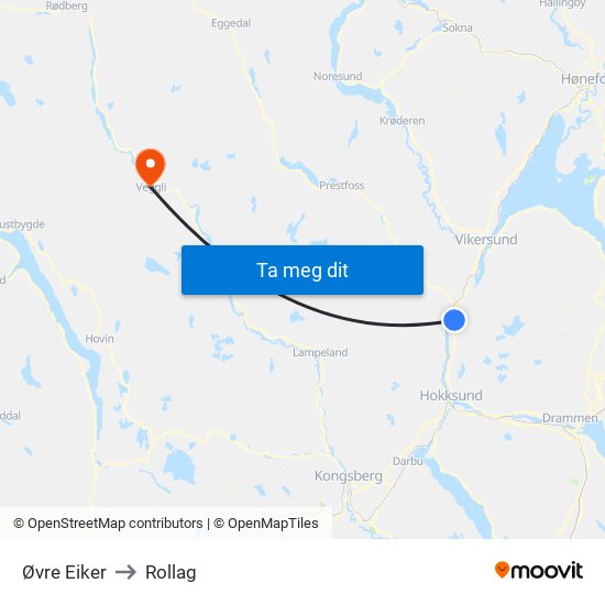 Øvre Eiker to Rollag map