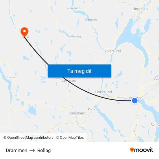 Drammen to Rollag map
