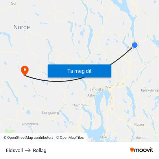 Eidsvoll to Rollag map