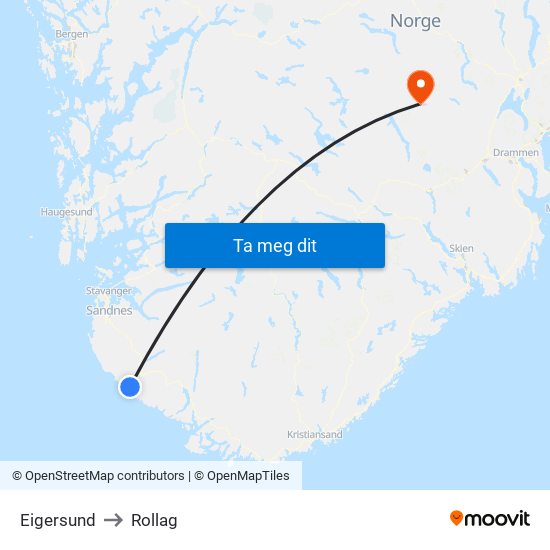 Eigersund to Rollag map