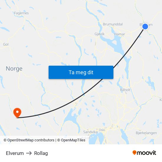 Elverum to Rollag map