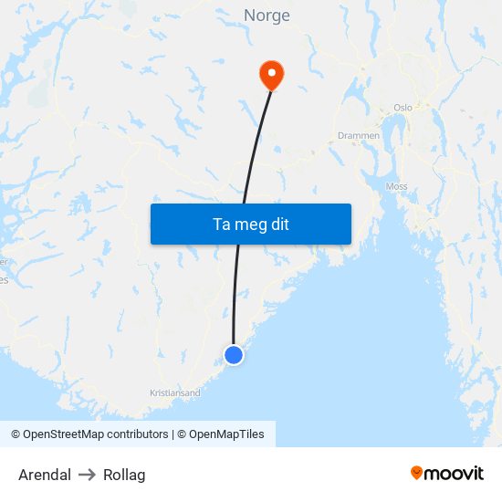 Arendal to Rollag map