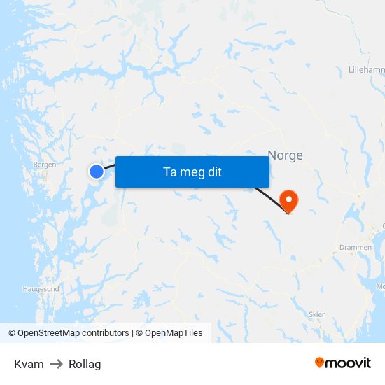 Kvam to Rollag map