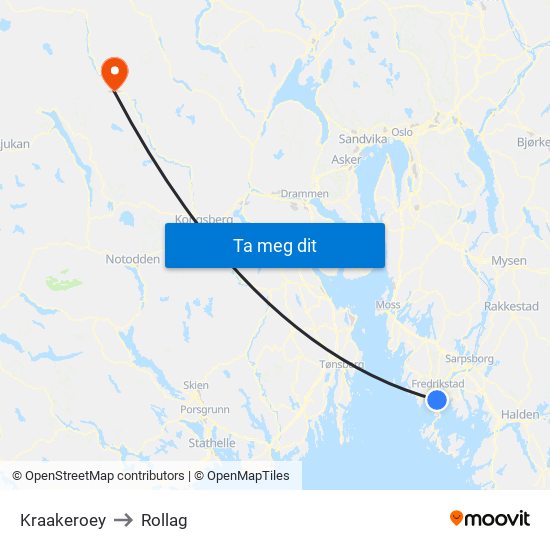 Kraakeroey to Rollag map