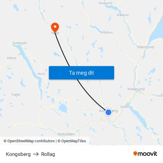 Kongsberg to Rollag map