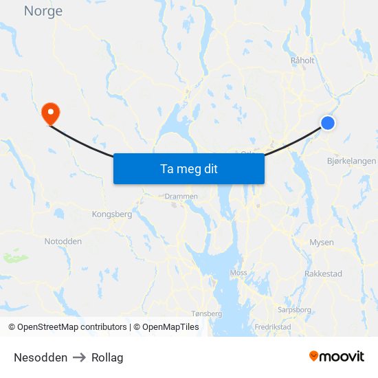 Nesodden to Rollag map