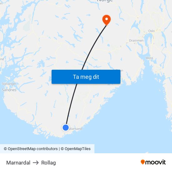 Marnardal to Rollag map
