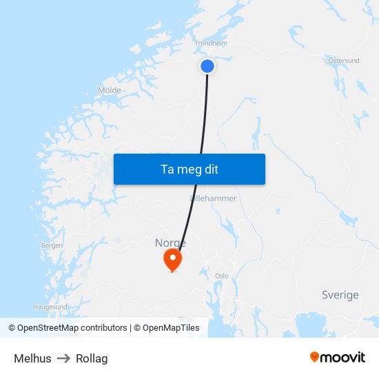 Melhus to Rollag map
