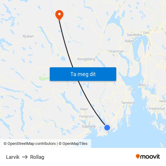 Larvik to Rollag map