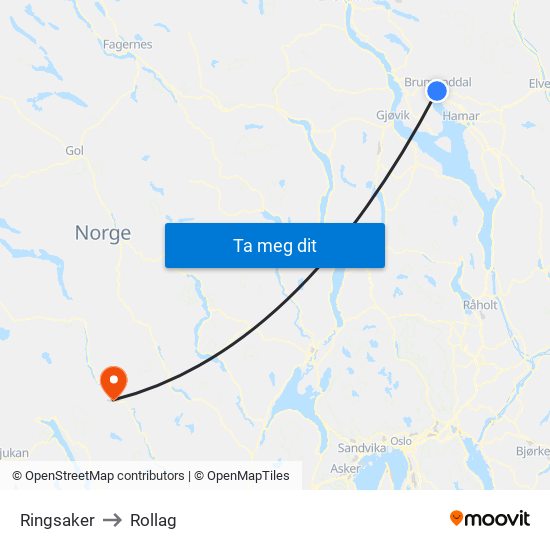 Ringsaker to Rollag map