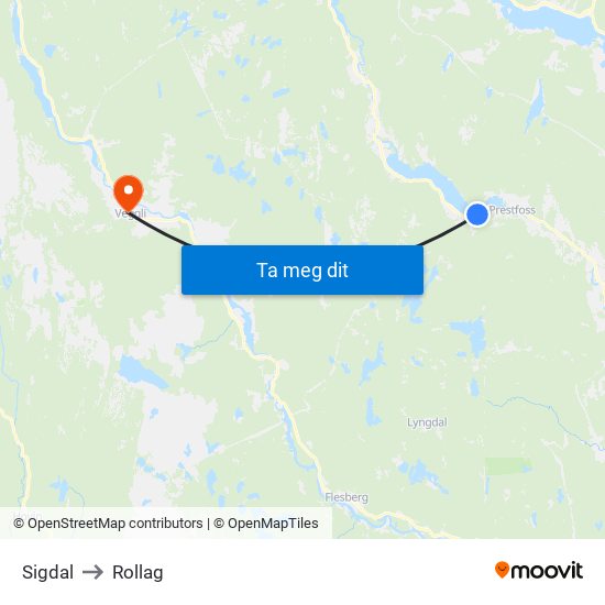 Sigdal to Rollag map