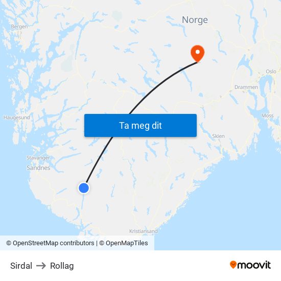 Sirdal to Rollag map