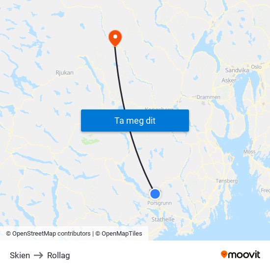 Skien to Rollag map