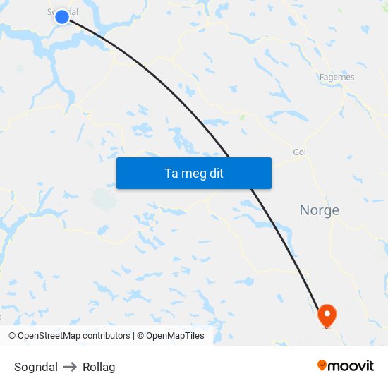 Sogndal to Rollag map
