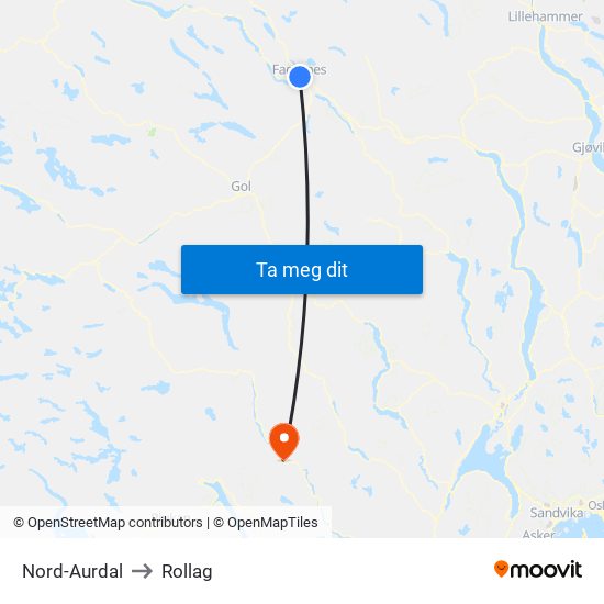Nord-Aurdal to Rollag map