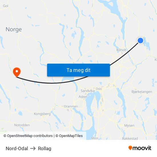 Nord-Odal to Rollag map