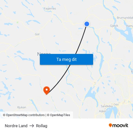 Nordre Land to Rollag map