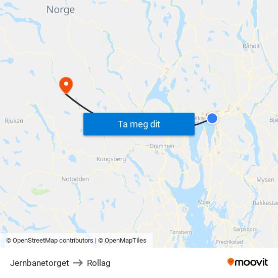 Jernbanetorget to Rollag map