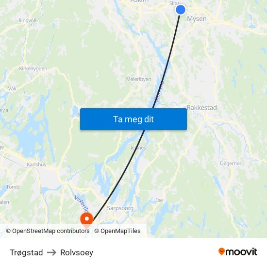 Trøgstad to Rolvsoey map