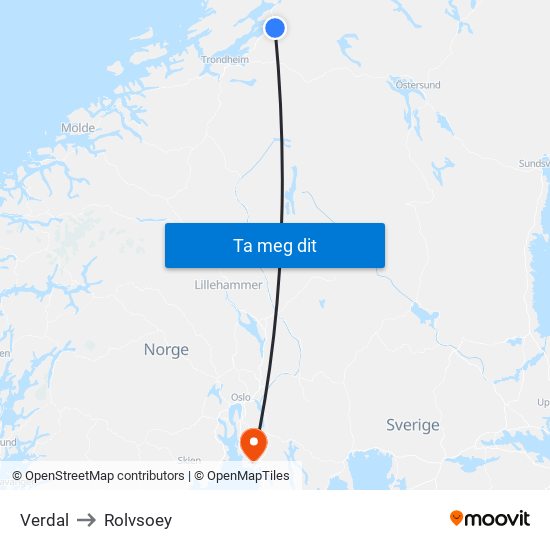 Verdal to Rolvsoey map