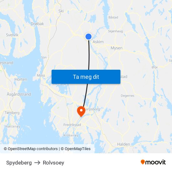 Spydeberg to Rolvsoey map