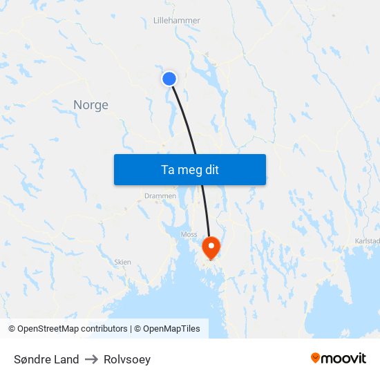 Søndre Land to Rolvsoey map