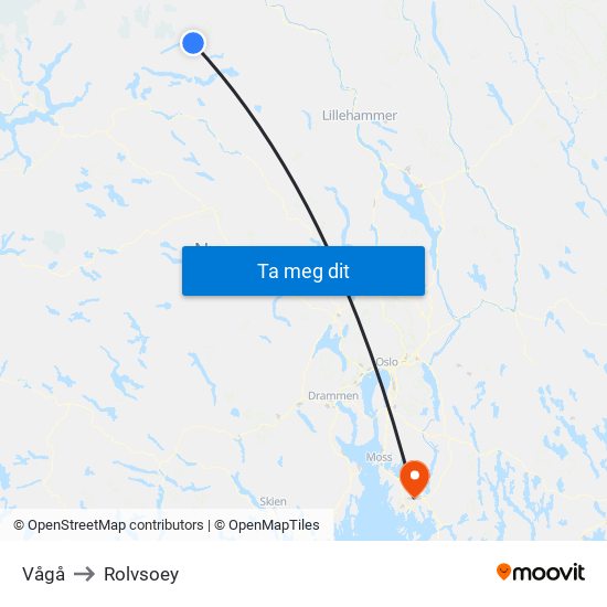 Vågå to Rolvsoey map