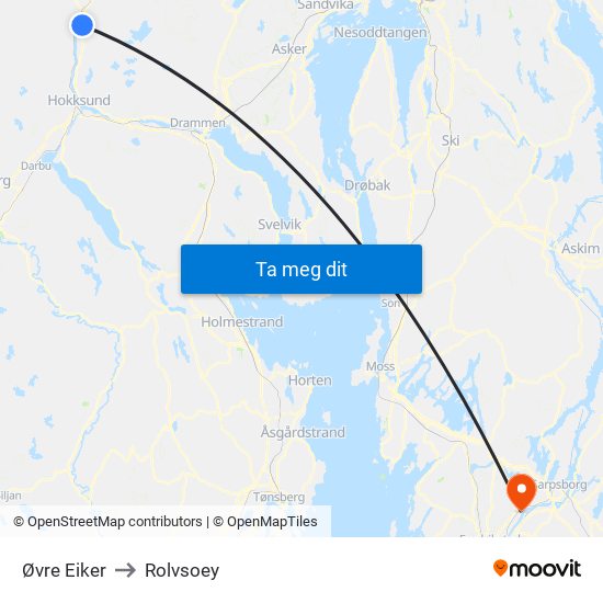 Øvre Eiker to Rolvsoey map