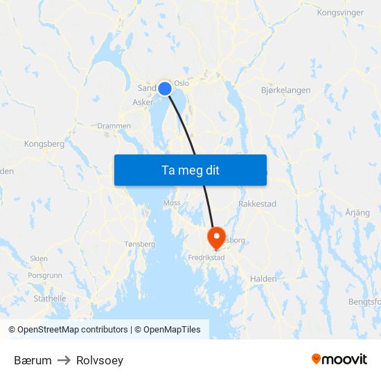 Bærum to Rolvsoey map