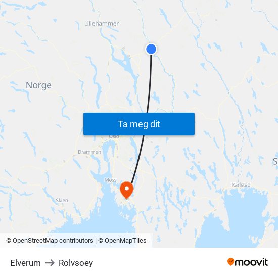 Elverum to Rolvsoey map