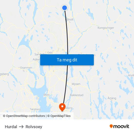 Hurdal to Rolvsoey map