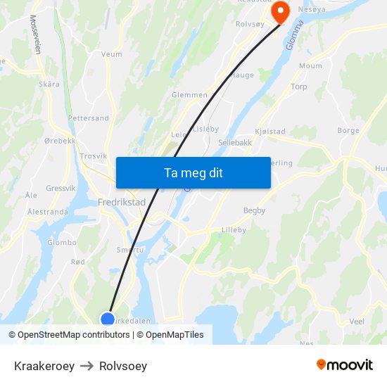 Kraakeroey to Rolvsoey map