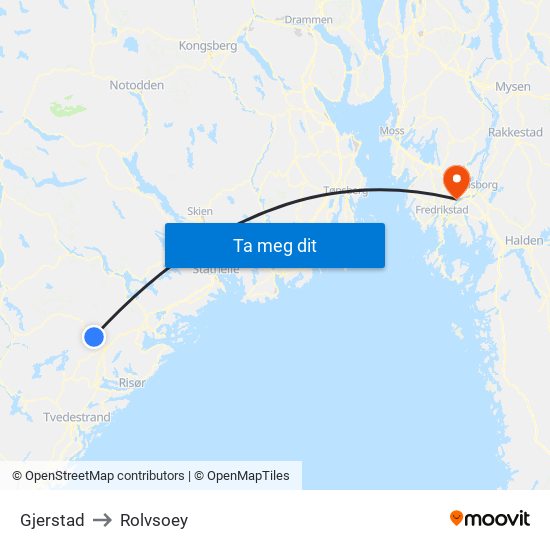 Gjerstad to Rolvsoey map